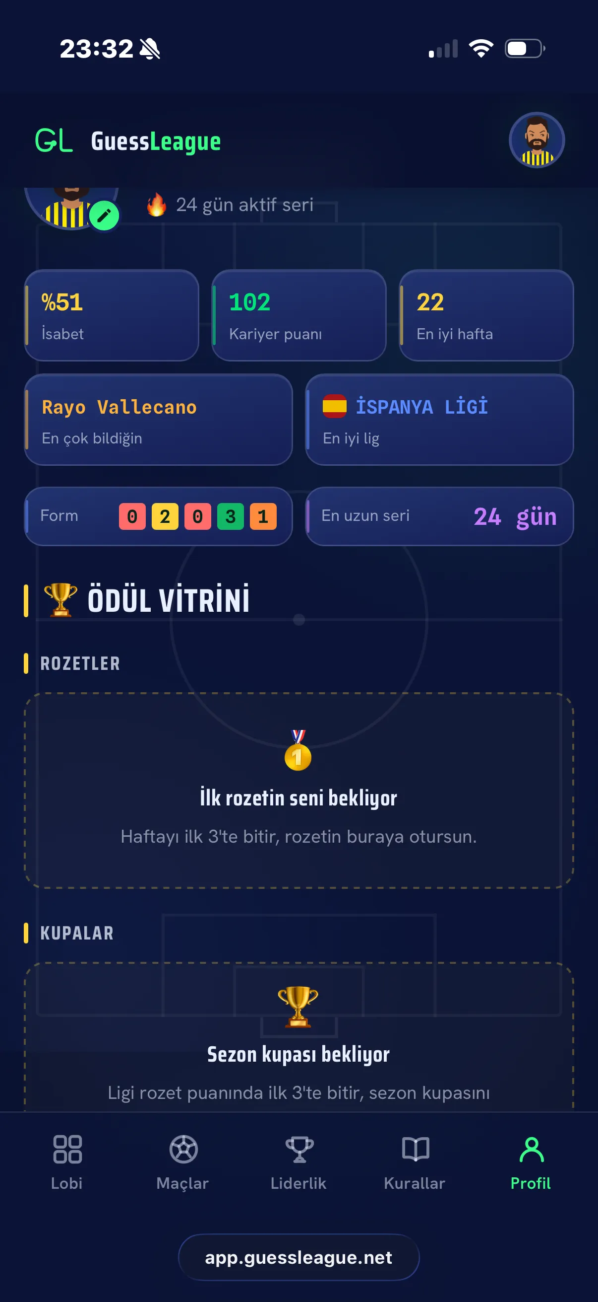 Guess League profili: kazanılan haftalık rozetler ve sezon kupaları, isabet serisi ve kariyer istatistikleri.